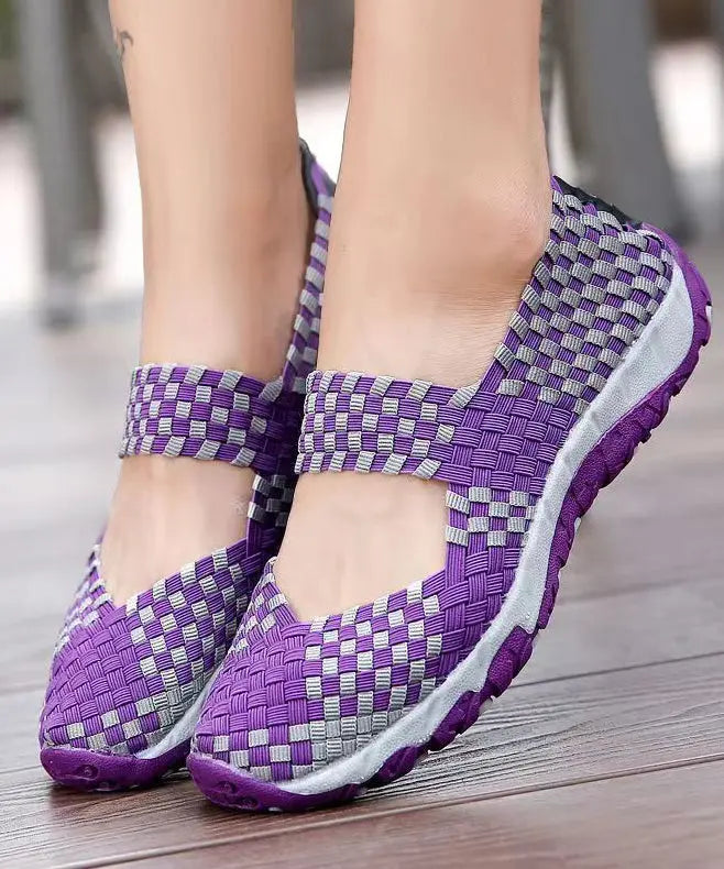 Purple Knit Fabric Handmade Splicing Flat Shoes For Women Ada Fashion