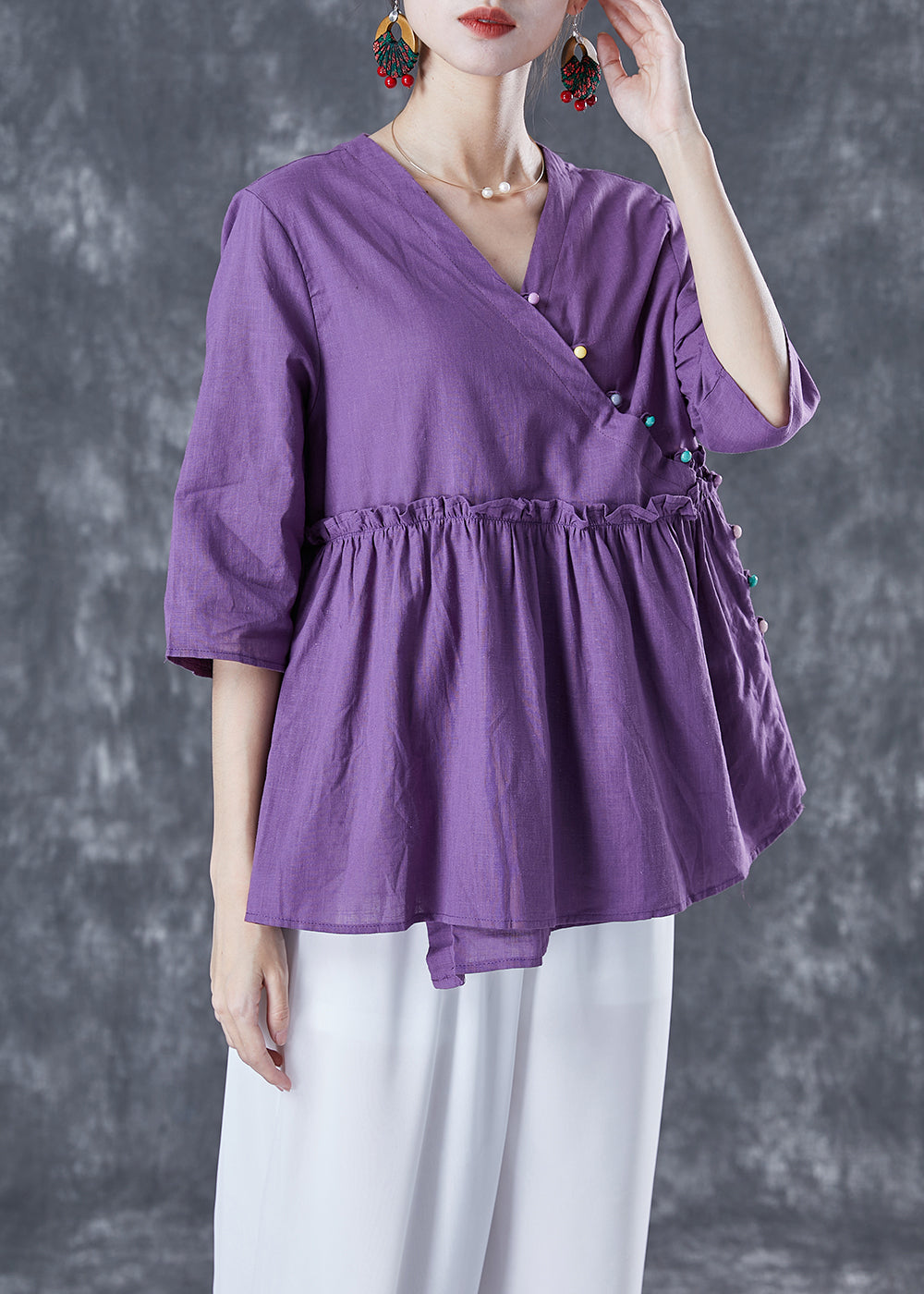 Purple Loose Cotton Blouses V Neck Ruffled Half Sleeve TA1034 - fabuloryshop