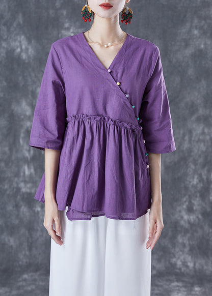 Purple Loose Cotton Blouses V Neck Ruffled Half Sleeve LY5063 - fabuloryshop