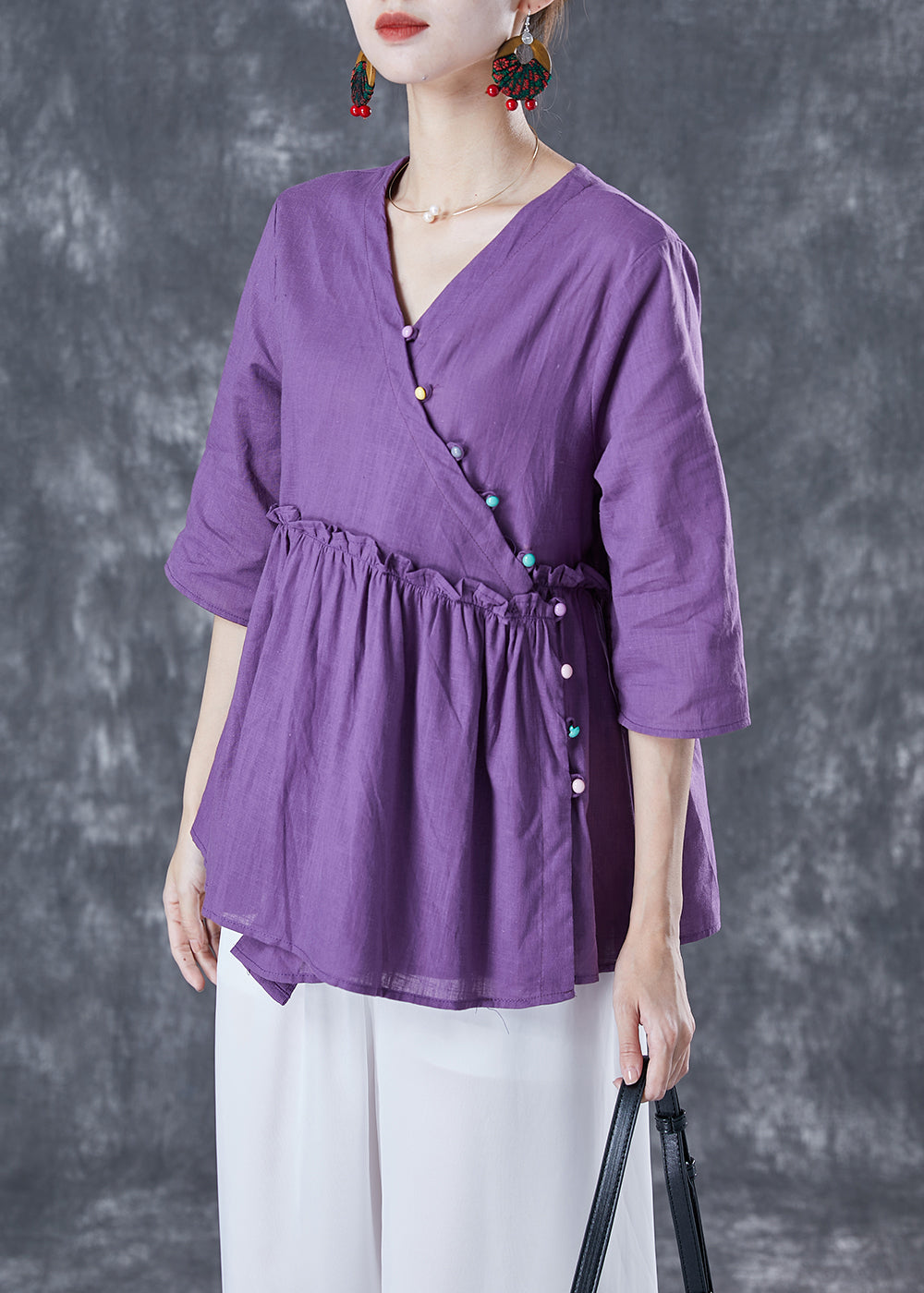 Purple Loose Cotton Blouses V Neck Ruffled Half Sleeve LY5063 - fabuloryshop