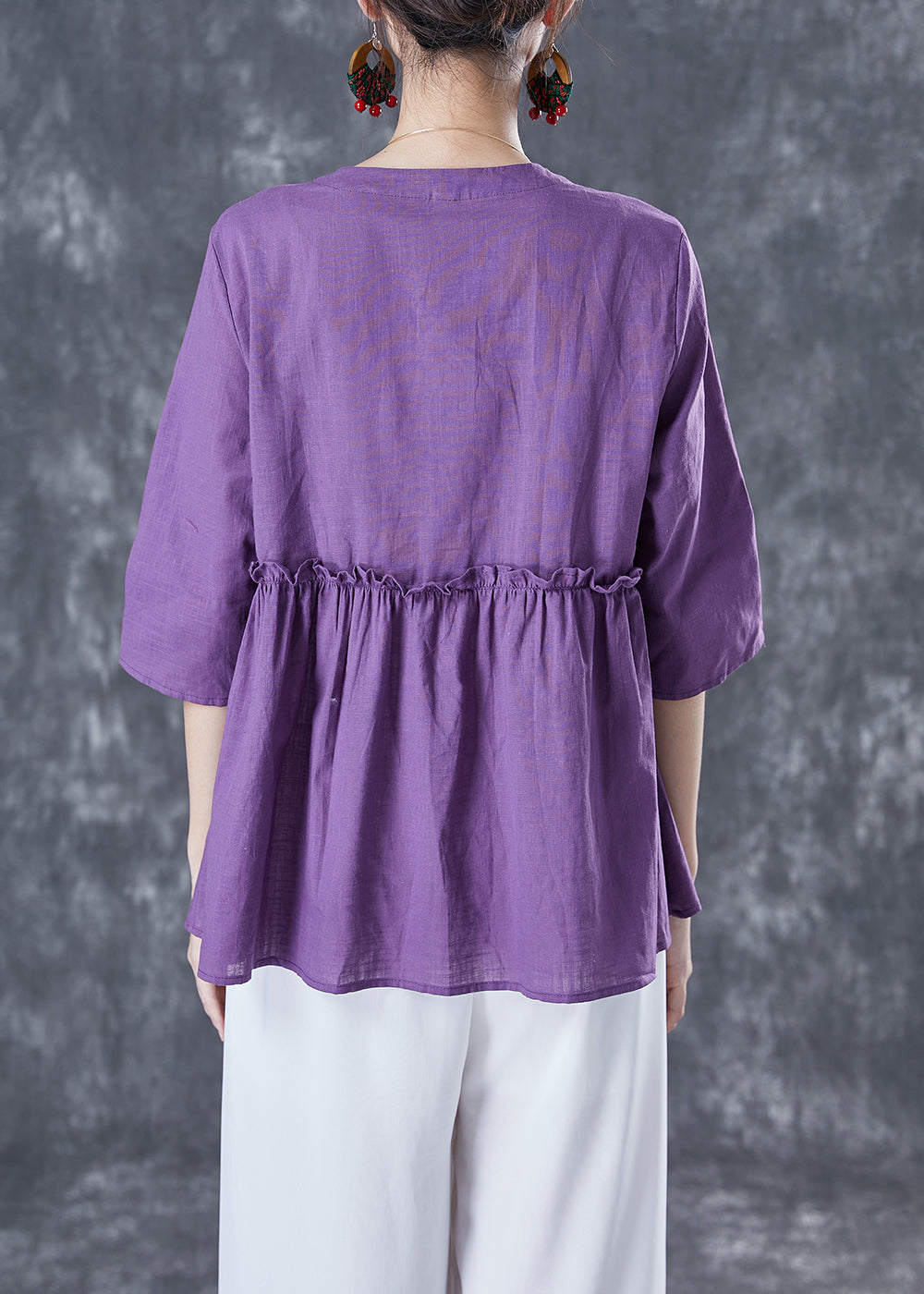 Purple Loose Cotton Blouses V Neck Ruffled Half Sleeve TA1034 - fabuloryshop