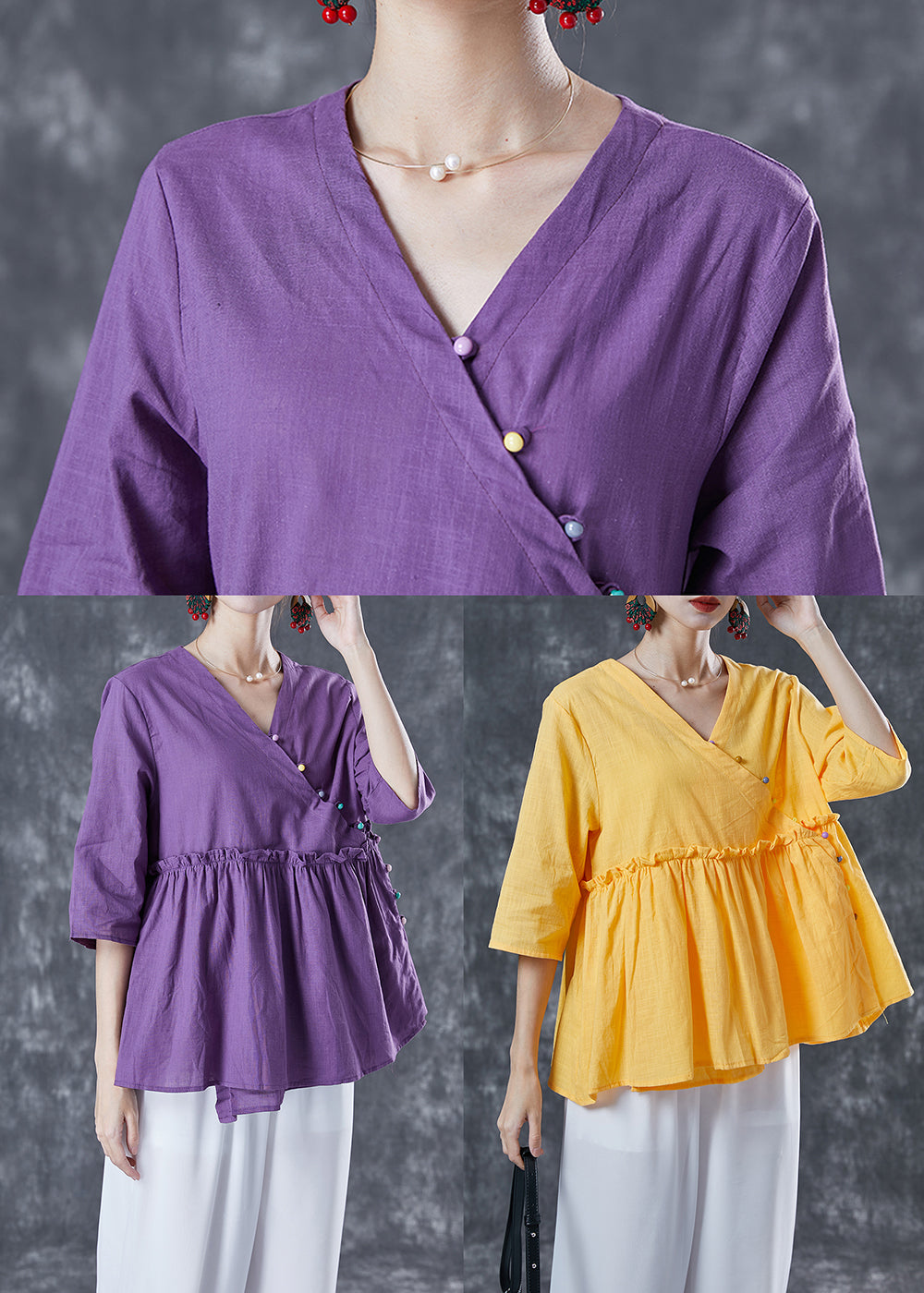 Purple Loose Cotton Blouses V Neck Ruffled Half Sleeve TA1034 - fabuloryshop