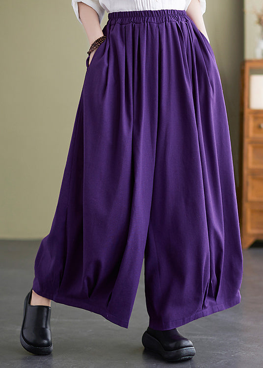 Purple Loose Cotton Wide Leg Pants Elastic Waist Summer LY7340 - fabuloryshop