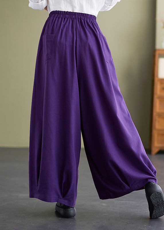 Purple Loose Cotton Wide Leg Pants Elastic Waist Summer LY7340 - fabuloryshop