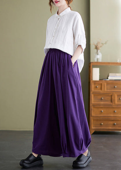 Purple Loose Cotton Wide Leg Pants Elastic Waist Summer LY7340 - fabuloryshop