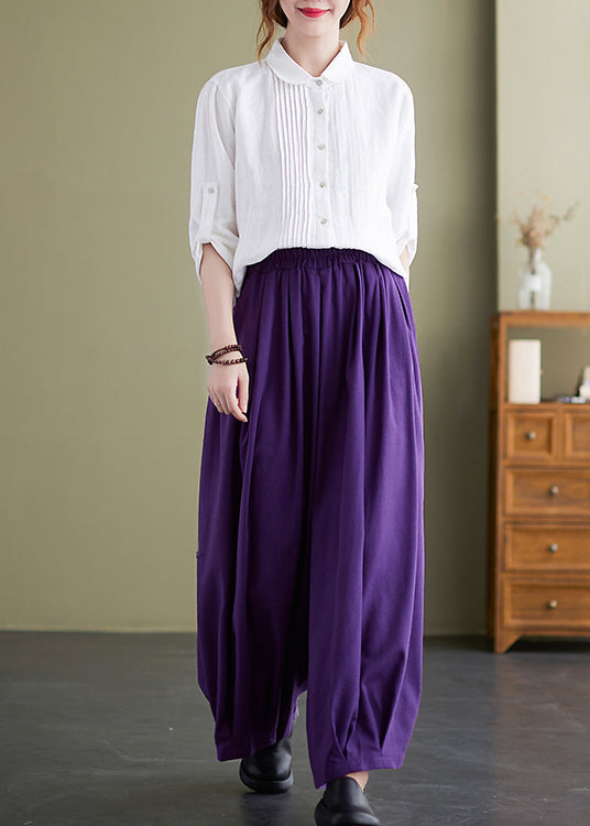 Purple Loose Cotton Wide Leg Pants Elastic Waist Summer LY7340 - fabuloryshop