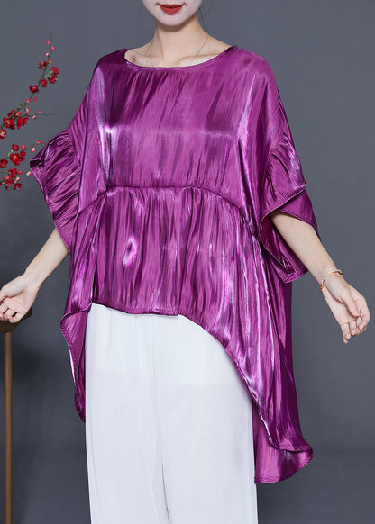 Purple Loose Silk Blouses O-Neck Low High Design Summer LY4828 - fabuloryshop