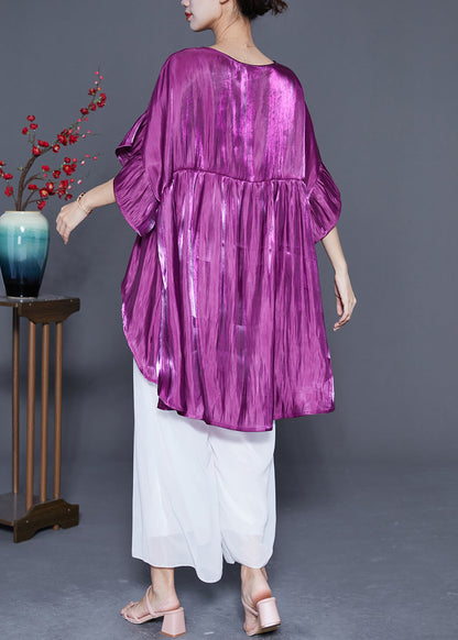 Purple Loose Silk Blouses O-Neck Low High Design Summer LY4828 - fabuloryshop