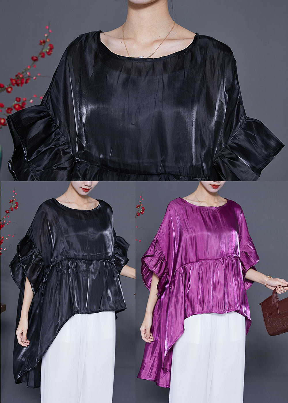 Purple Loose Silk Blouses O-Neck Low High Design Summer LY4828 - fabuloryshop