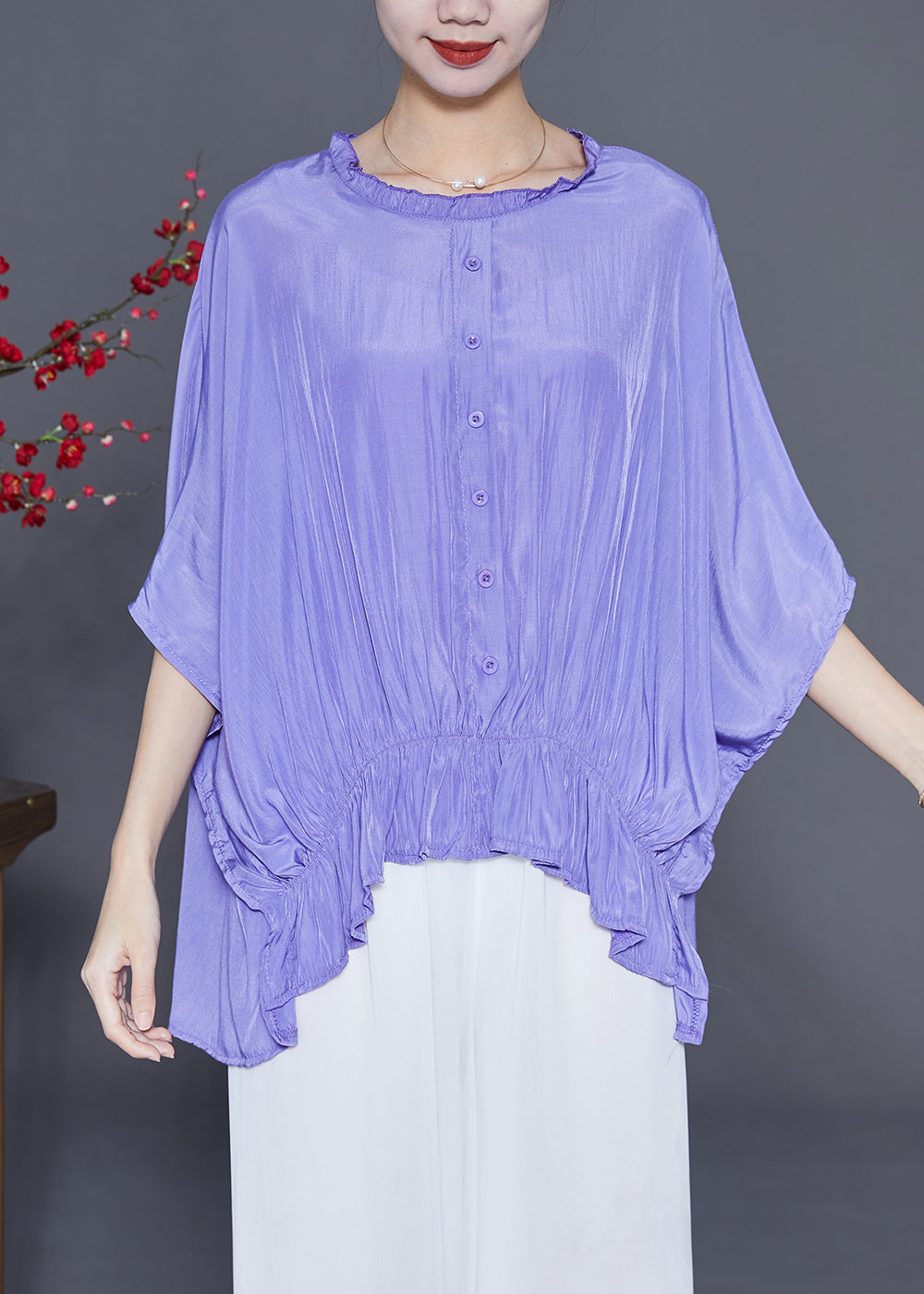 Purple Loose Silk Shirt Tops Wrinkled Low High Design Summer LY3669 - fabuloryshop