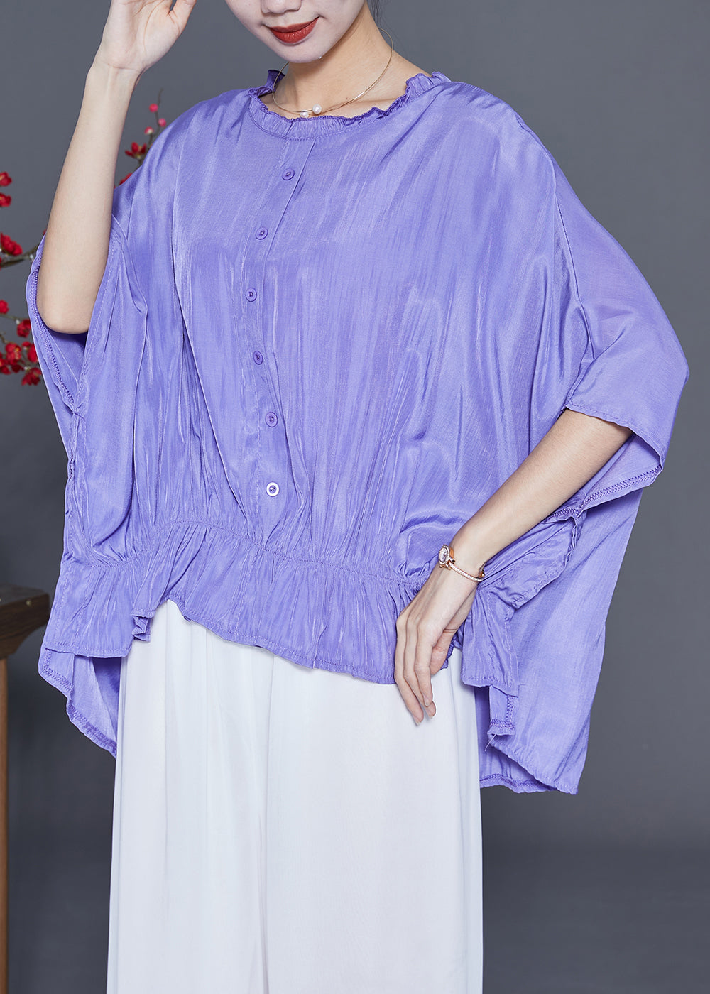 Purple Loose Silk Shirt Tops Wrinkled Low High Design Summer LY3669 - fabuloryshop