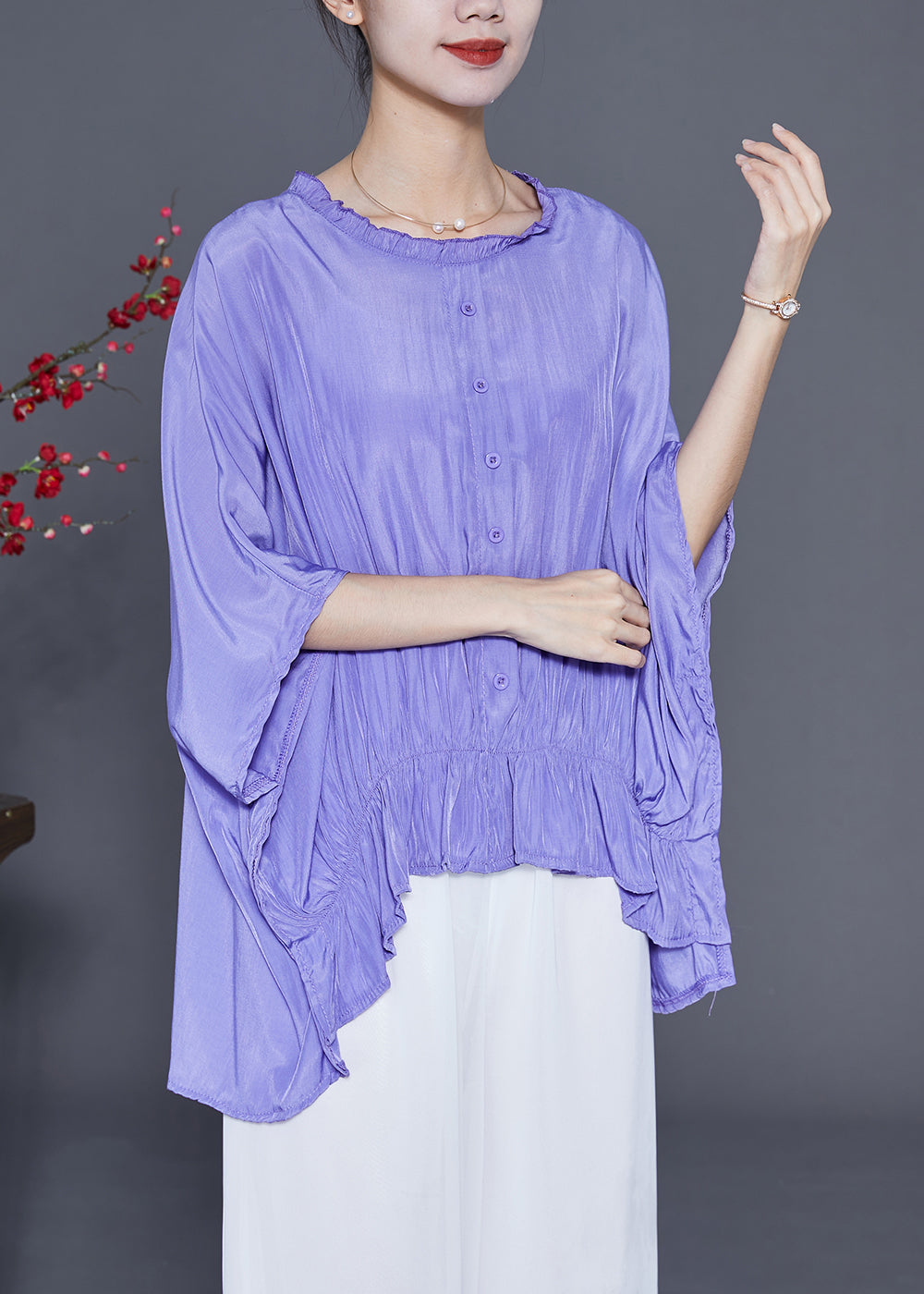 Purple Loose Silk Shirt Tops Wrinkled Low High Design Summer LY3669 - fabuloryshop