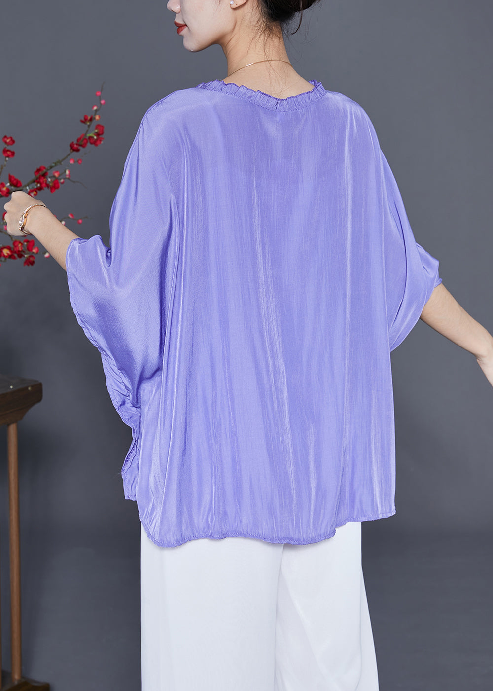 Purple Loose Silk Shirt Tops Wrinkled Low High Design Summer LY3669 - fabuloryshop