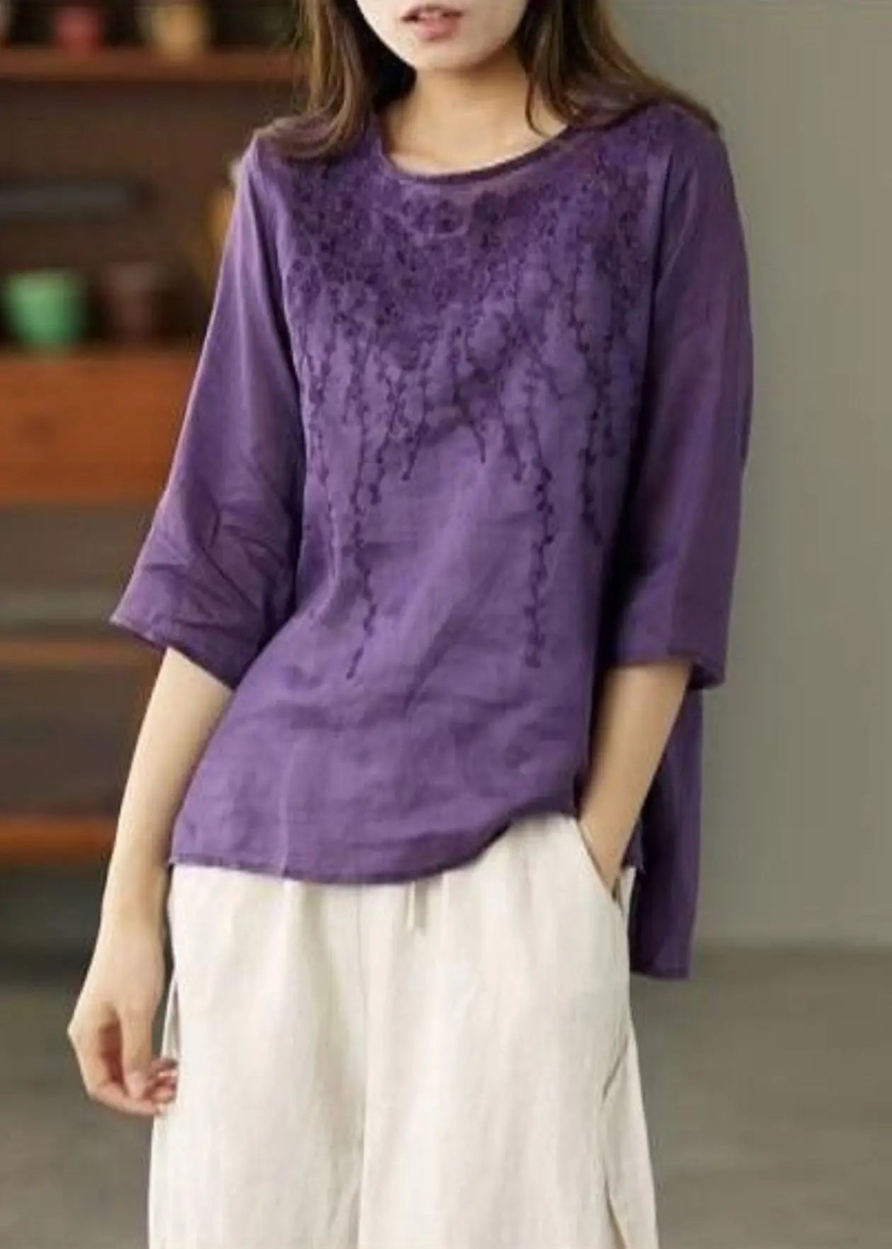 Purple Low High Design Patchwork Linen Tops Embroideried Half Sleeve Ada Fashion