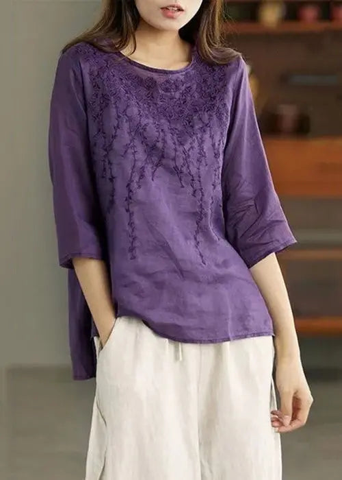 Purple Low High Design Patchwork Linen Tops Embroideried Half Sleeve Ada Fashion