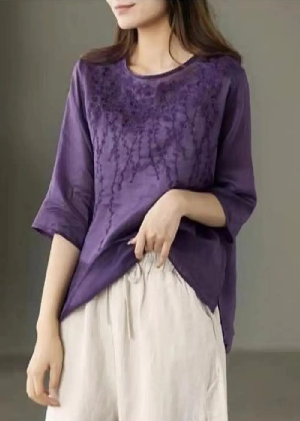 Purple Low High Design Patchwork Linen Tops Embroideried Half Sleeve Ada Fashion