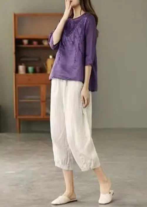 Purple Low High Design Patchwork Linen Tops Embroideried Half Sleeve Ada Fashion