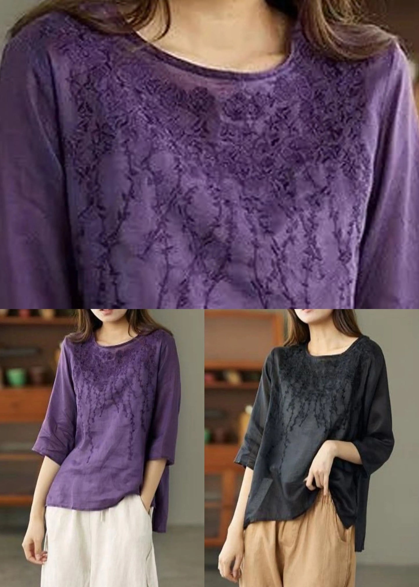 Purple Low High Design Patchwork Linen Tops Embroideried Half Sleeve Ada Fashion