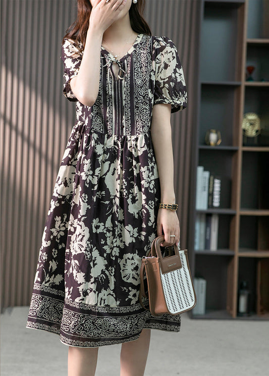 Purple Neck Tie Silk Long Dresses Short Sleeve LY1748 - fabuloryshop