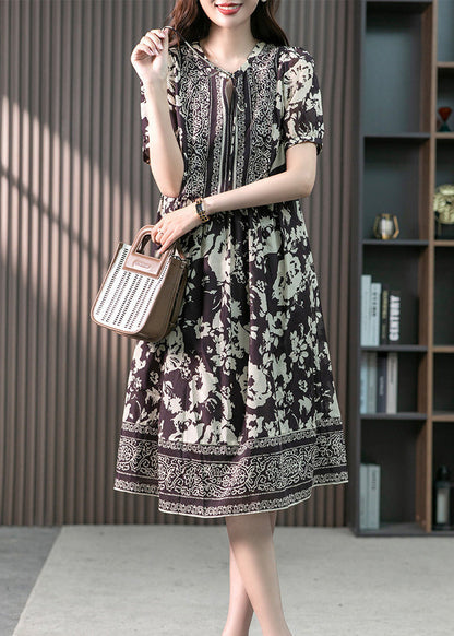 Purple Neck Tie Silk Long Dresses Short Sleeve LY1748 - fabuloryshop