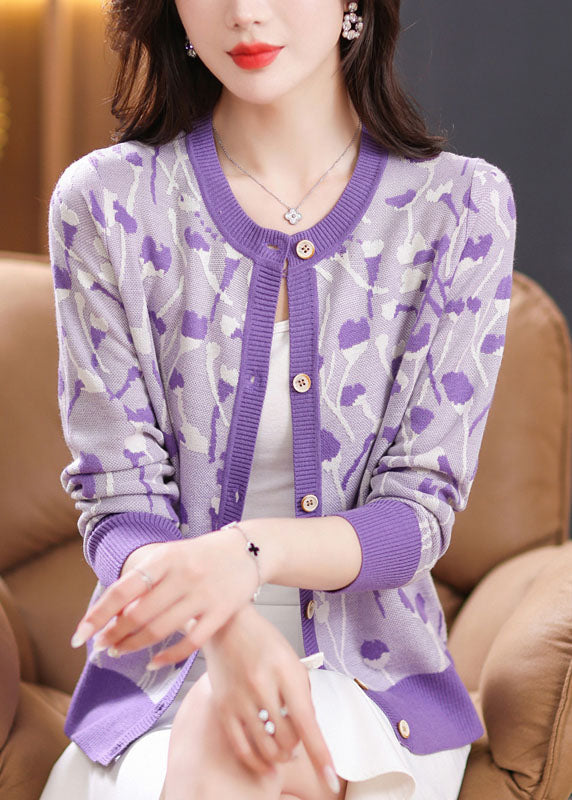 Purple O-Neck Button Cozy Knit Cardigan Fall LY8074