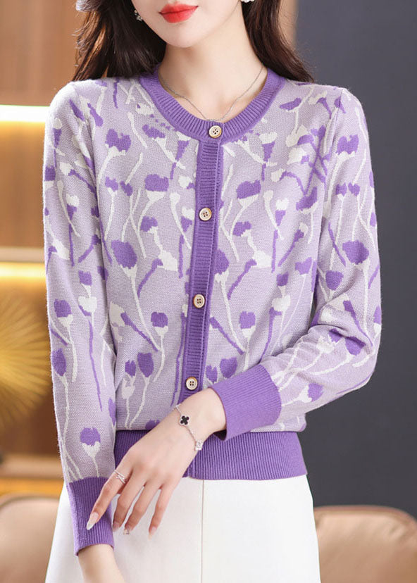 Purple O-Neck Button Cozy Knit Cardigan Fall LY8074