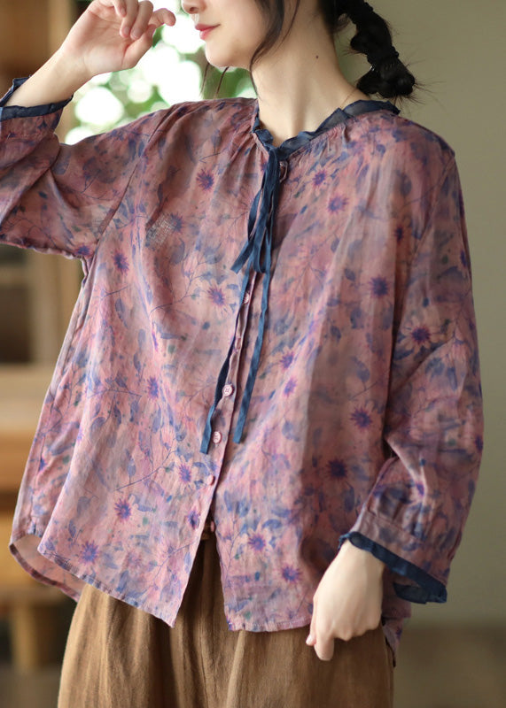 Purple O-Neck Ruffled Button Ramie Shirts Spring LY5075 - fabuloryshop