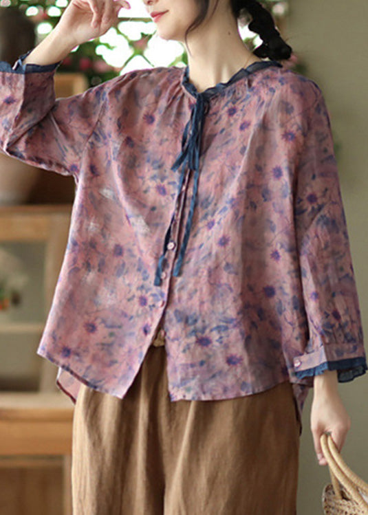 Purple O-Neck Ruffled Button Ramie Shirts Spring LY5075 - fabuloryshop