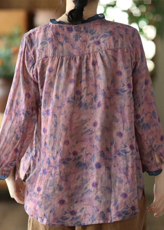 Purple O-Neck Ruffled Button Ramie Shirts Spring LY5075 - fabuloryshop