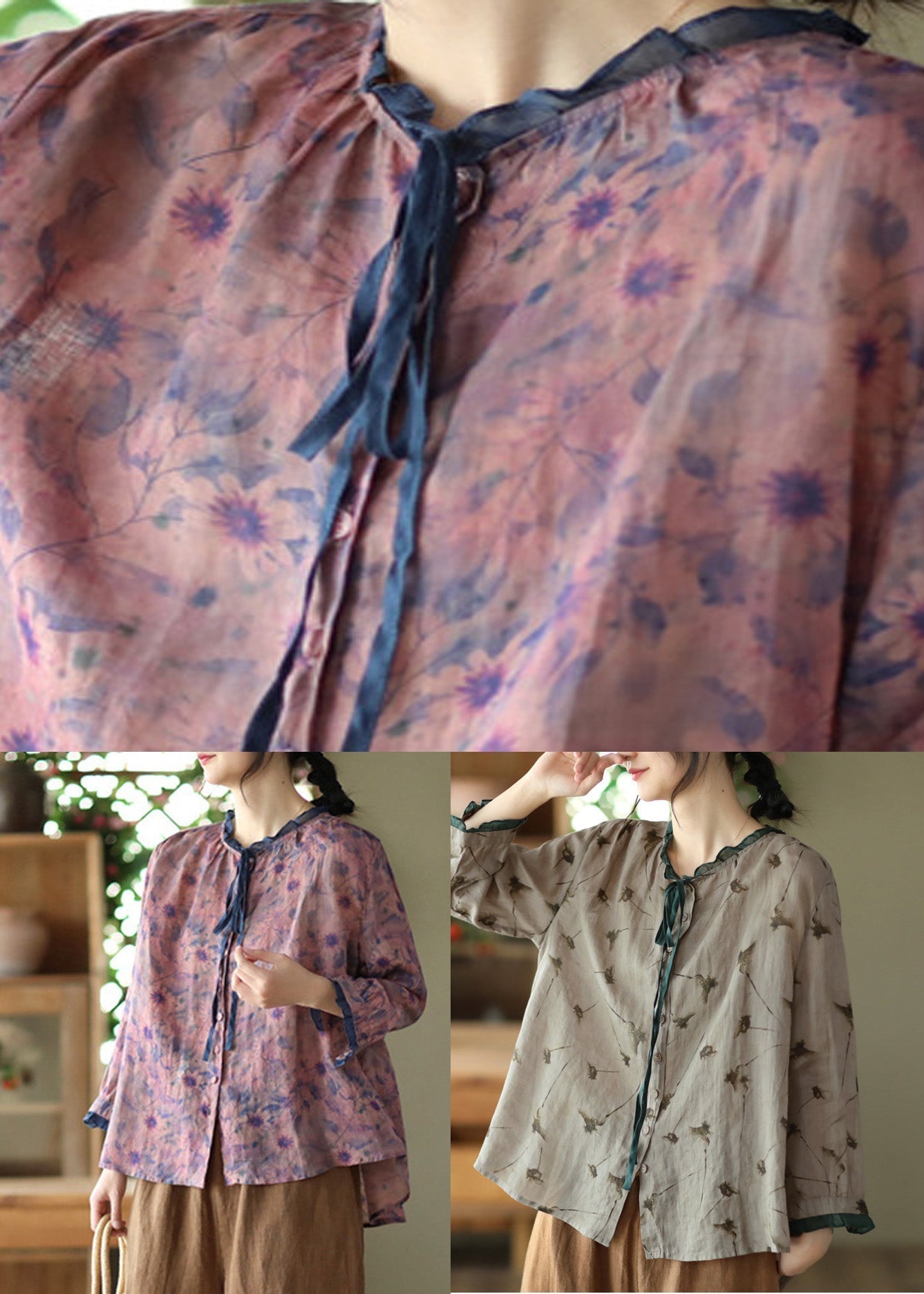 Purple O-Neck Ruffled Button Ramie Shirts Spring LY5075 - fabuloryshop