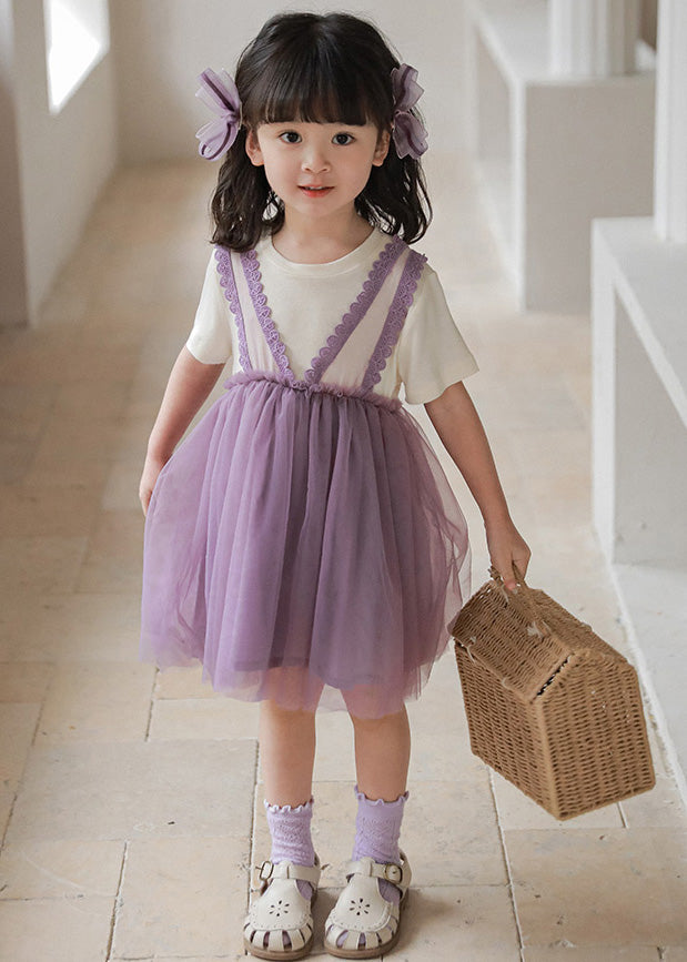 Purple O-Neck Tulle Girls Vacation Mid Dresses Short Sleeve LY6427 - fabuloryshop