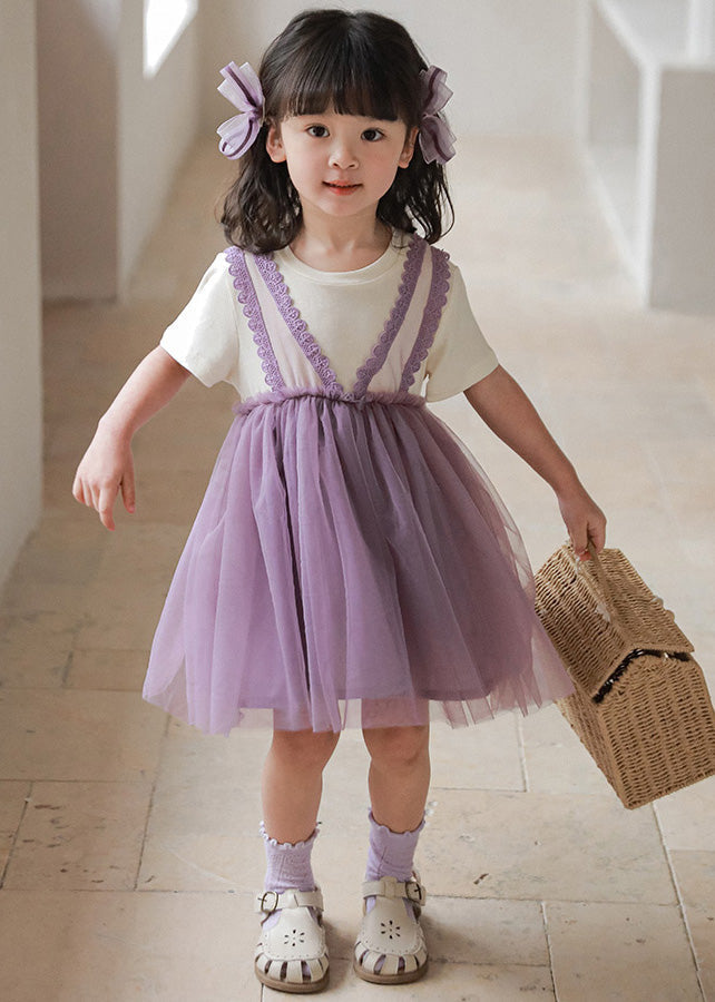 Purple O-Neck Tulle Girls Vacation Mid Dresses Short Sleeve LY6427 - fabuloryshop