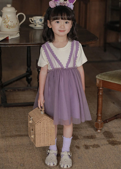 Purple O-Neck Tulle Girls Vacation Mid Dresses Short Sleeve LY6427 - fabuloryshop