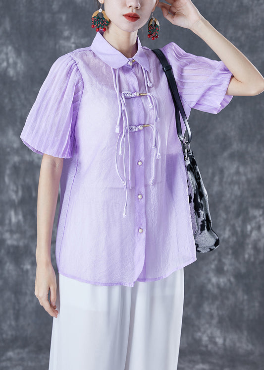 Purple Oriental Silk Blouses Tassel Chinese Button Lantern Sleeve TA1050 - fabuloryshop
