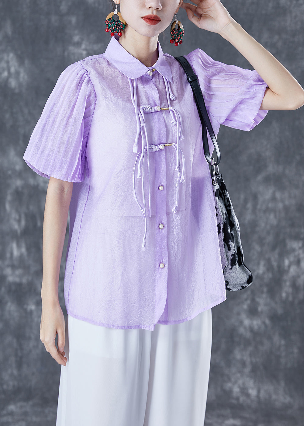 Purple Oriental Silk Blouses Tassel Chinese Button Lantern Sleeve LY5065 - fabuloryshop