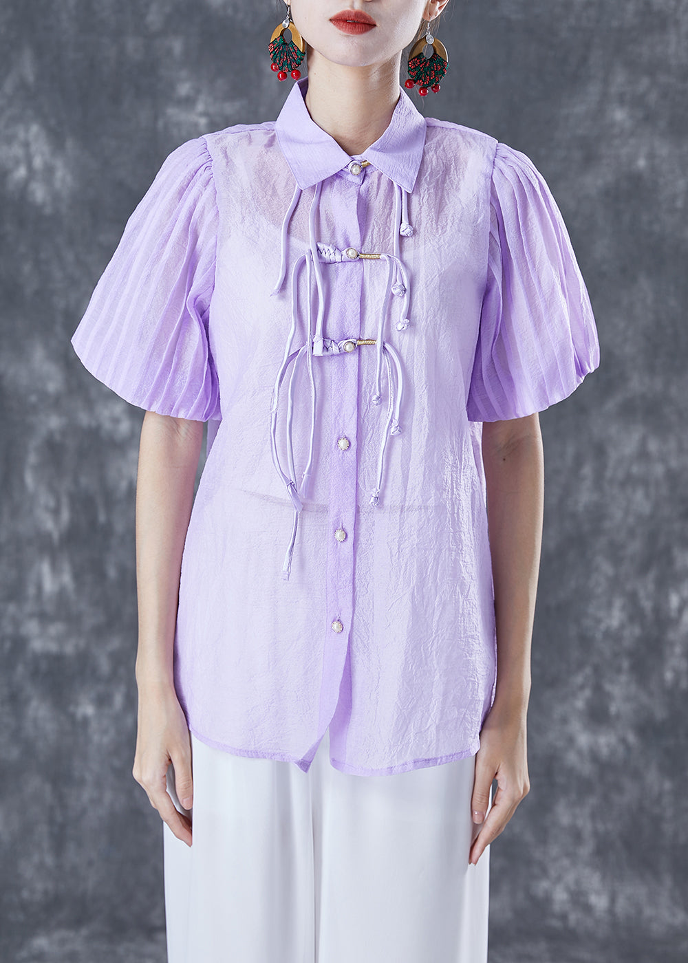 Purple Oriental Silk Blouses Tassel Chinese Button Lantern Sleeve TA1050 - fabuloryshop