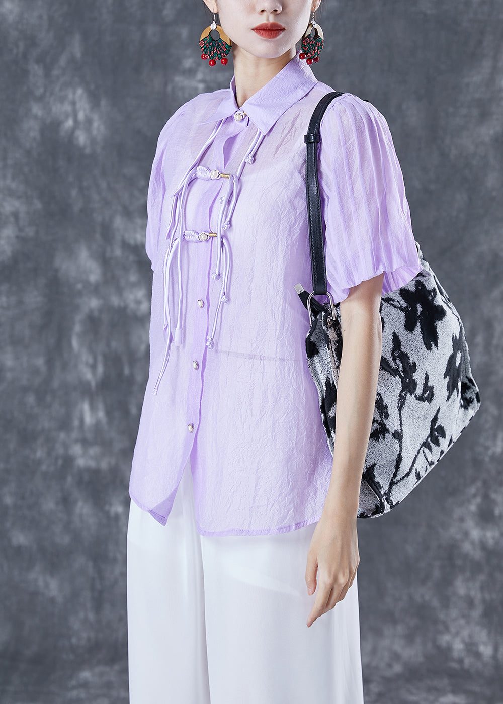 Purple Oriental Silk Blouses Tassel Chinese Button Lantern Sleeve TA1050 - fabuloryshop