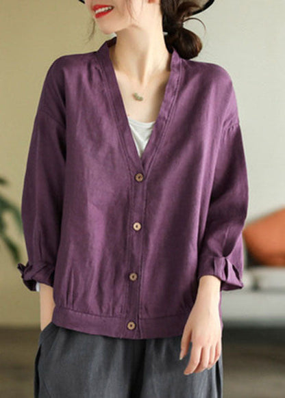 Purple Oversized Linen Blouse Tops V Neck Button Spring TG1001 - fabuloryshop