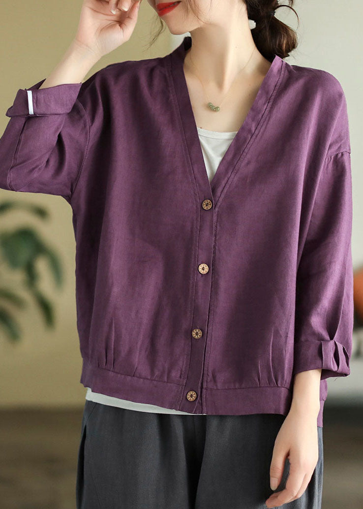 Purple Oversized Linen Blouse Tops V Neck Button Spring TG1001 - fabuloryshop