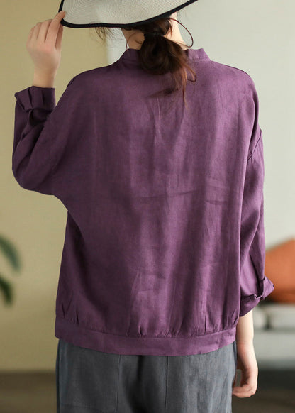 Purple Oversized Linen Blouse Tops V Neck Button Spring TG1001 - fabuloryshop