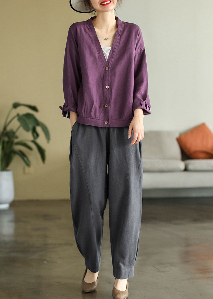 Purple Oversized Linen Blouse Tops V Neck Button Spring TG1001 - fabuloryshop