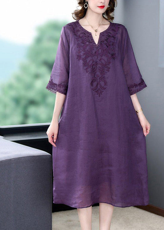 Purple Oversized Linen Silk Dress V Neck Embroideried Summer LY3717 - fabuloryshop