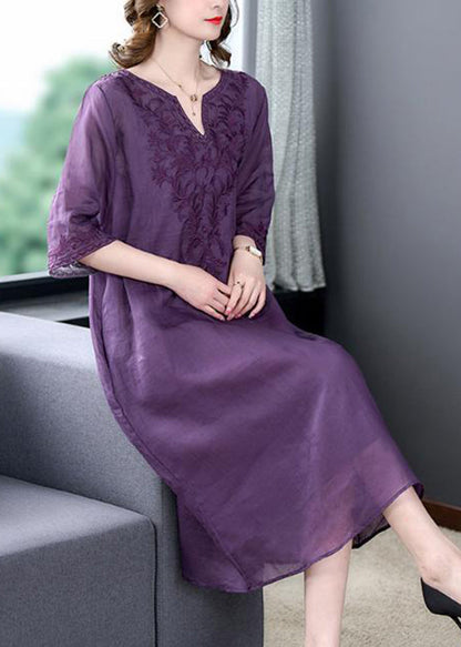 Purple Oversized Linen Silk Dress V Neck Embroideried Summer LY3717 - fabuloryshop