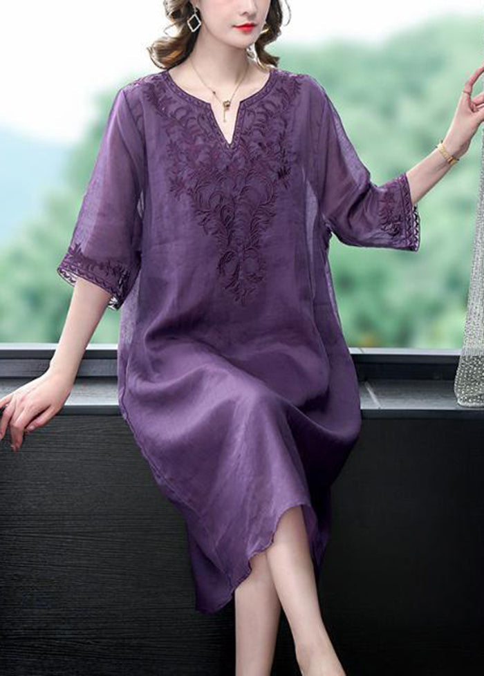 Purple Oversized Linen Silk Dress V Neck Embroideried Summer LY3717 - fabuloryshop