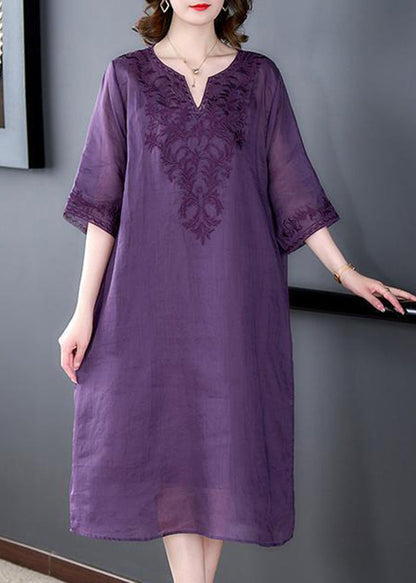 Purple Oversized Linen Silk Dress V Neck Embroideried Summer LY3717 - fabuloryshop