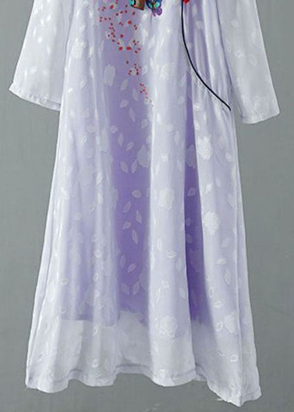 Purple Patchwork Chiffon Dresses Embroideried Chinese Button Spring LY1721 - fabuloryshop