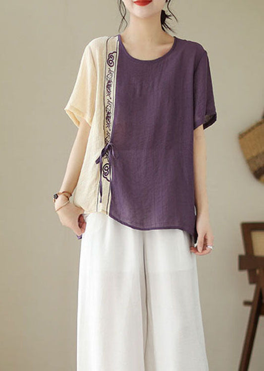 Purple Patchwork Cotton Blouses Embroideried Lace Up Summer LY4960 - fabuloryshop