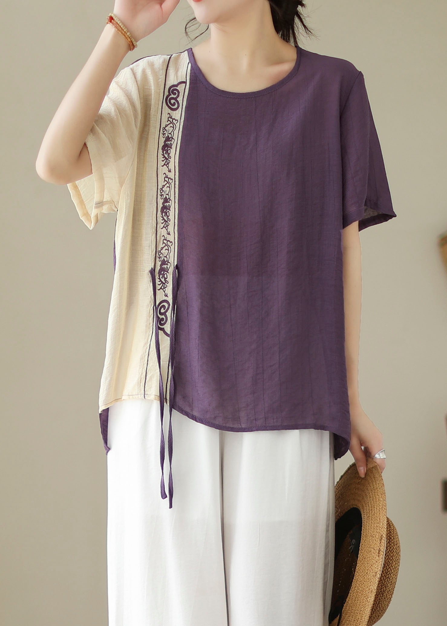 Purple Patchwork Cotton Blouses Embroideried Lace Up Summer LY4960 - fabuloryshop