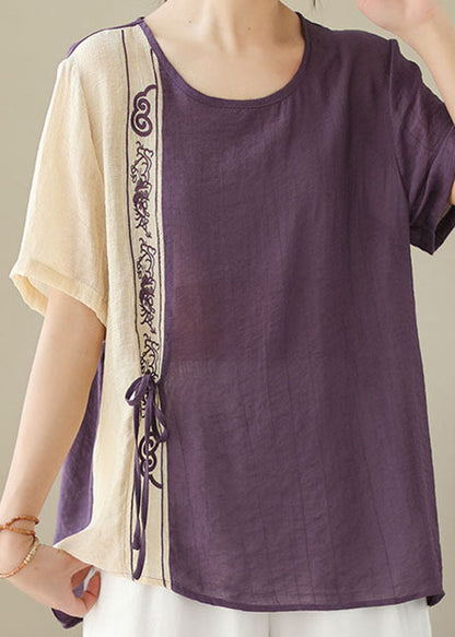 Purple Patchwork Cotton Blouses Embroideried Lace Up Summer LY4960 - fabuloryshop