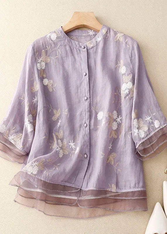 Purple Patchwork Cotton Shirt Tops Stand Collar Embroideried Summer Ada Fashion